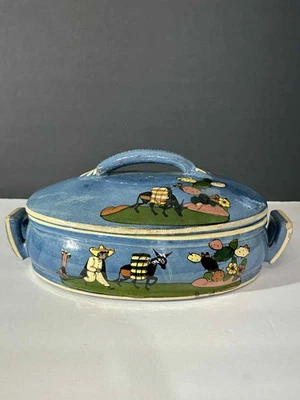 Vintage Mexican Tlaquepaque blue 1940s Casserole Dish With Lid 12.5×7×5" Hand Pa - Image 1 of 4