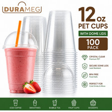 DURAMEG 12oz Clear PET Cups with Dome Lids 100 Pack  Disposable Smoothie Cups
