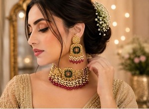 Authentic Traditional Gold Plated Kundan Choker Necklace Set With Earring Of Beauty