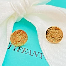 Tiffany & Co. Gold Plate New York Notes Round Circle Stud Earrings Silver 1.6g