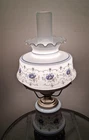 Vintage Hurricane Parlor Lamp Milk Glass with Blue Flowers  17 " Tall  3 Way
