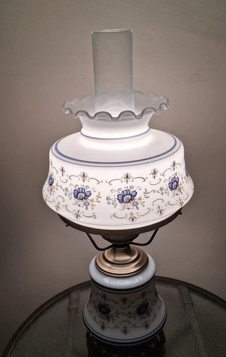 Vintage Hurricane Parlor Lamp Milk Glass with Blue Flowers  17 " Tall  3 Way
