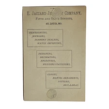 Victorian Jewelers Trade Card Jaccard Silversmiths Watches Pottery St Louis B18