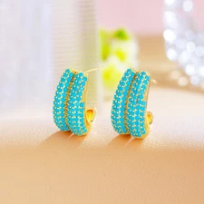 18K Gold Plated Turquoise Blue Double Half Round Micro Pave Hoop Earring Jewelry