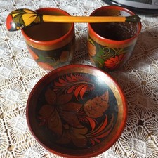 Lot de vaisselle en bois  vintage peinte à la main Tradition Russe KHOKHLOMA
