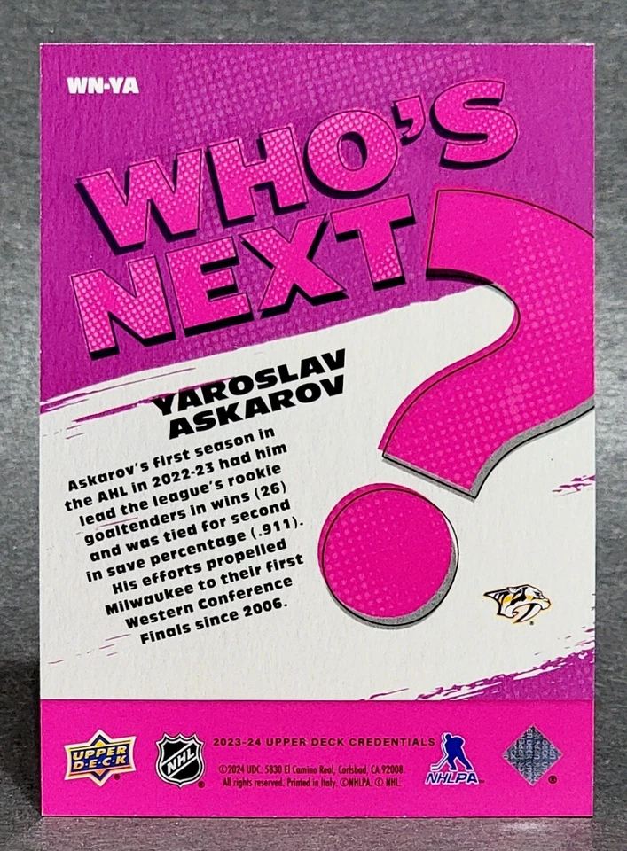 2023-24 Upper Deck Credentials Who’s Next #WN-YA Yaroslav Askarov - Image 2 of 2