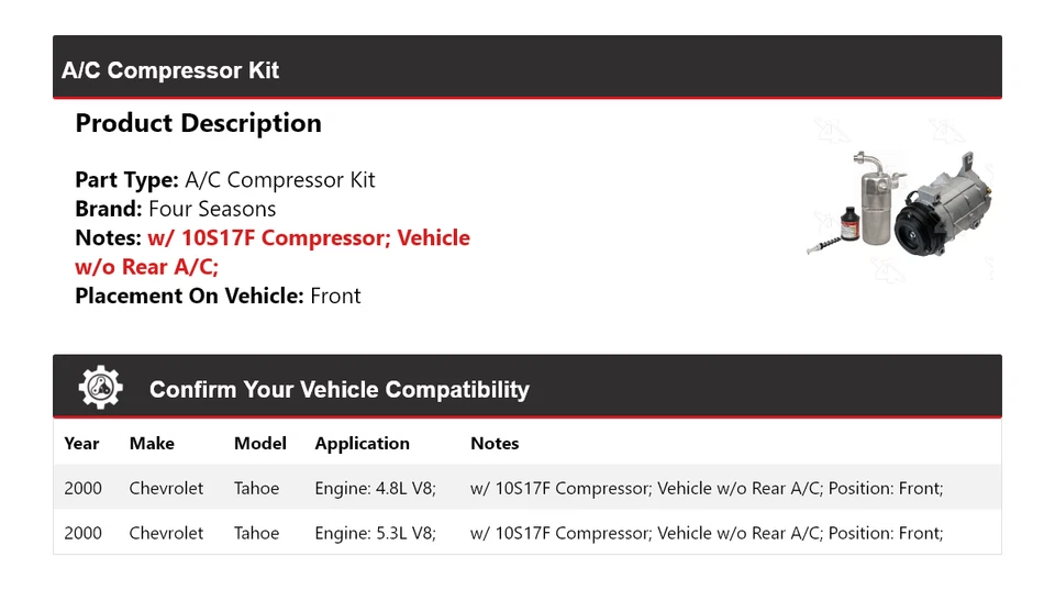 Kit de compresor de aire acondicionado delantero para Chevrolet Tahoe 2000 4 estaciones Foto 2 de 4