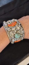Navajo Stamped Silver, Turquoise, Coral Men's Cuff Bracelet