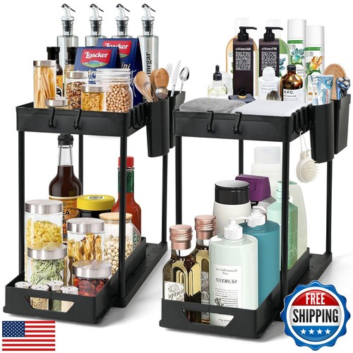 LTAXAF 2 Pack Under Sink Organizers Rack, 2 Tier Bathroom Cabinet Organizer w