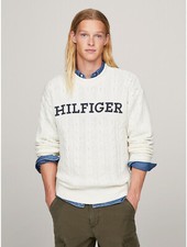 TOMMY HILFIGER Men's White Oversized-Fit Monotype Logo Cable-Knit Sweater Large