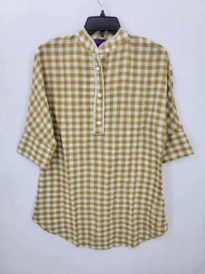 Sana Safinaz Tunic Top Womens XS Brown Plaid 3/4 Sleeve Lace Trim Popover Blouse