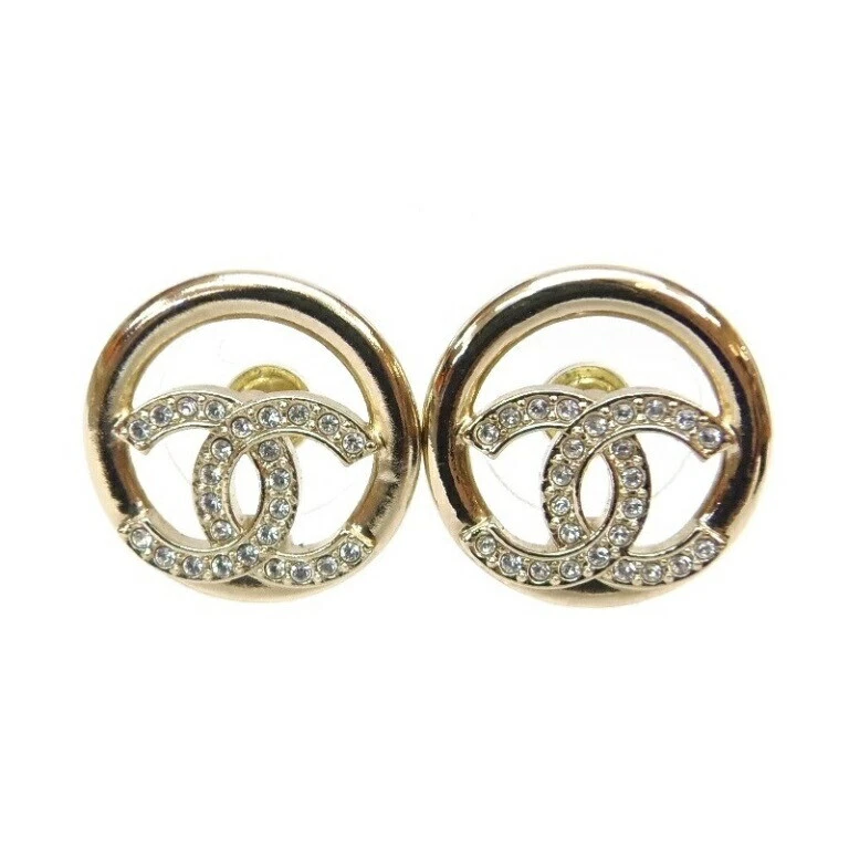 CHANEL Earrings Circle CC Rhinestone COCO Stud A22C Gold GP authentic