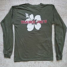    Trader Joe's Medium Army Green Hibiscus Graphic Employee Long Sleeve T-Shirt