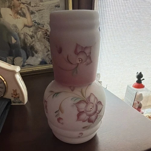 Fenton Hand Painted Pink White Floral Art Glass Vase Matte Finish Hand Blown