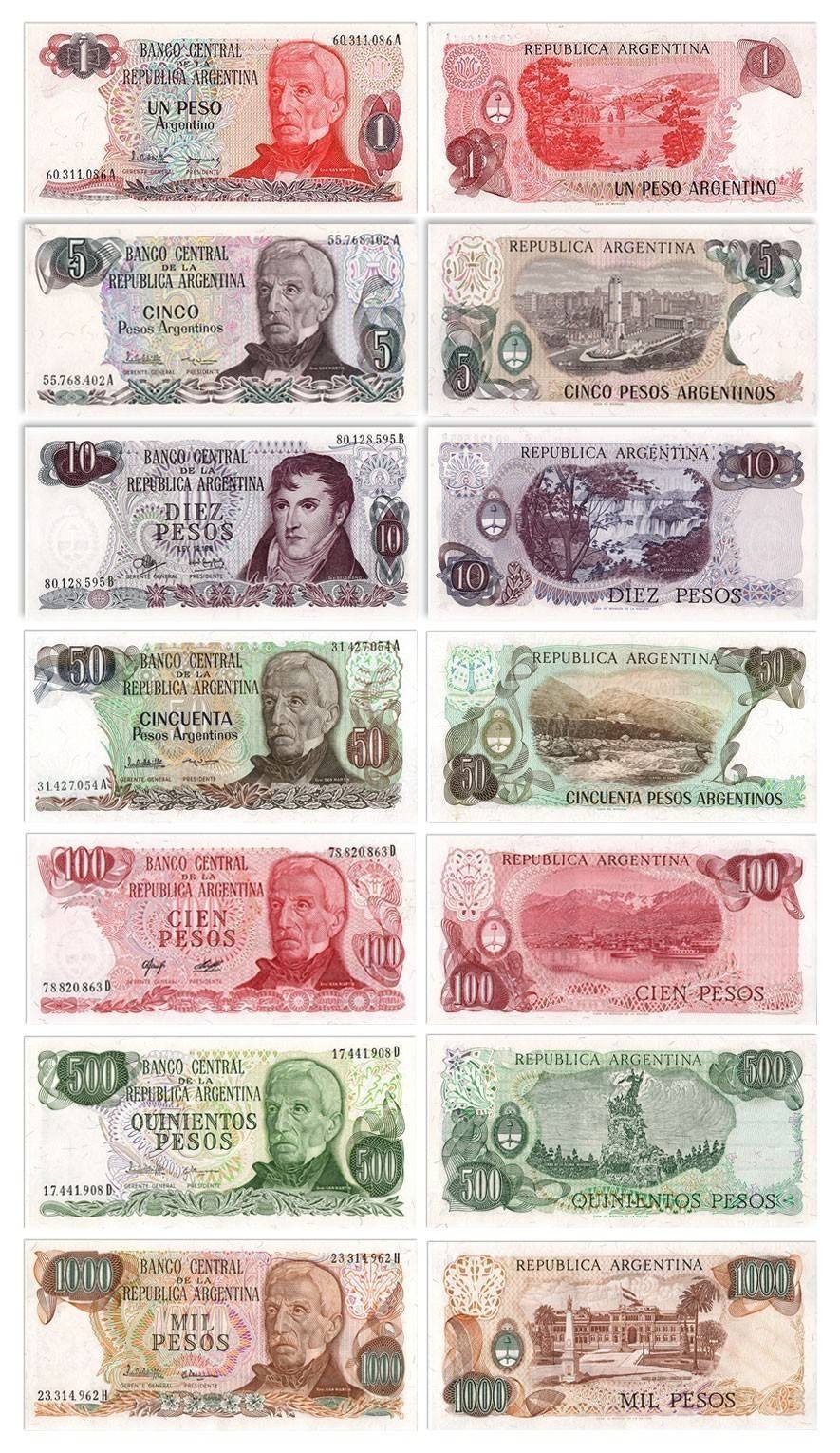 Argentina 1-1000 Pesos 7 Pieces Full Set, P-289-314, 1970-1985, UNC