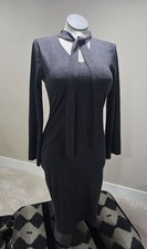 Max Studio Gray Knit Sweater Dress With Tie Neck & Ribbed Cuffs M