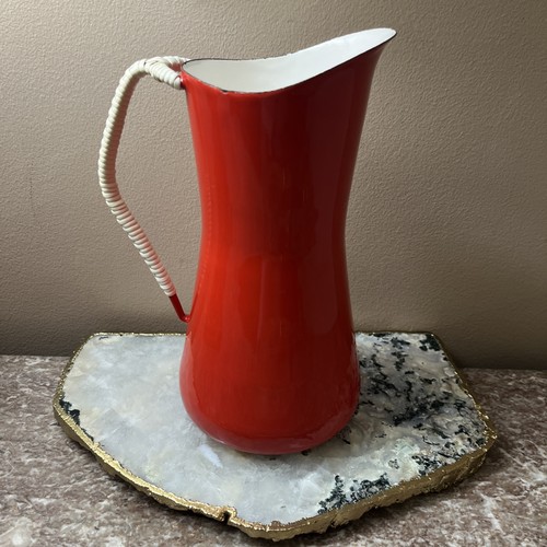 Mid-Century Dansk Red /White Kobenstyle Enamel Pitcher Denmark IHQ ~~9.5“x 5”