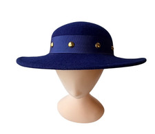 Vintage 1960s Navy Wool Wide Brim Hat with Ribbon  Gold Stud Trim Elegant