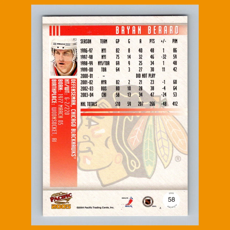 Bryan Berard #58 2004-05 Pacific Red Chicago Blackhawks Hockey Card NHL - Image 2 of 3