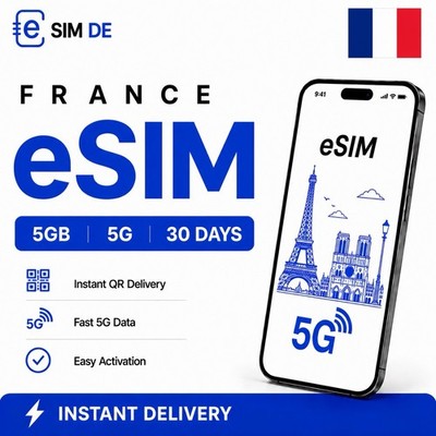   France/Frankreich eSIM 5GB 5G | 30 Days/Tage | Instant QR Delivery