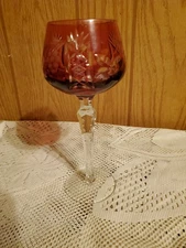 German Crystal Vintage Lausitzer Hock Wine Cranberry Cut to Clear Blown 8"Tall