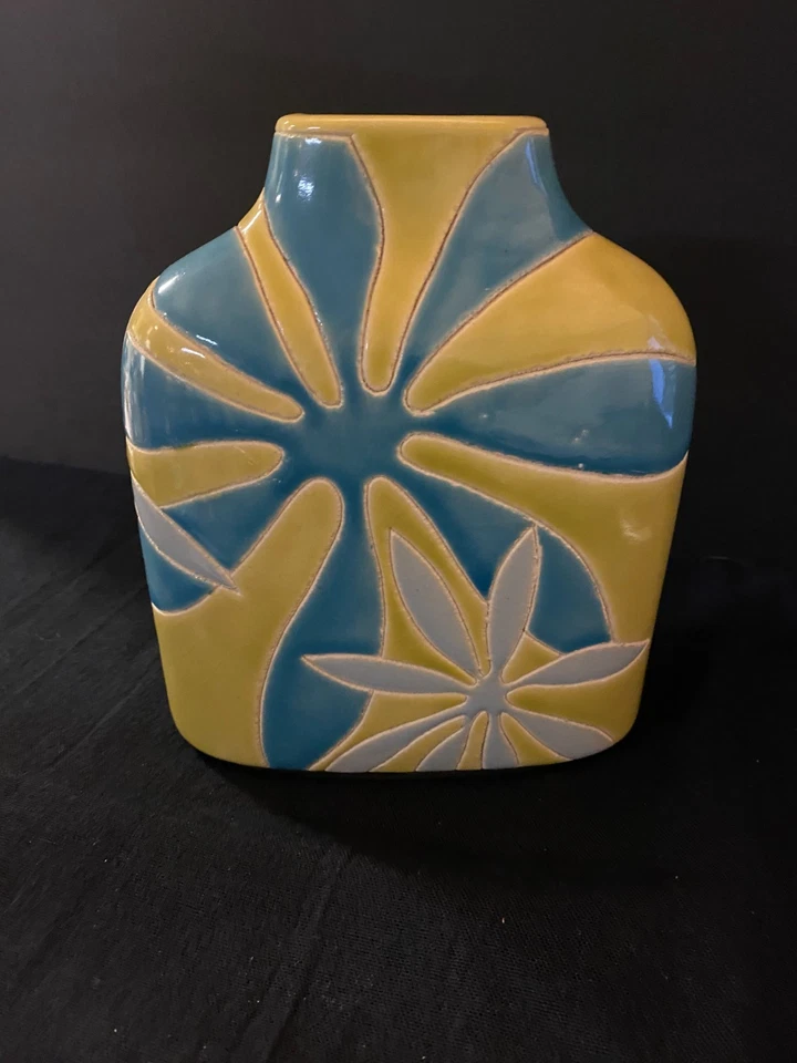 Pier 1 Imports Retro Vase Türkis Limette Blumen Abstraktes Design 6,75 cm.