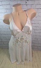 Linea Donatella Y2K M Babydoll Tank Cami Sheer Silky Embroidered Ivory Floral