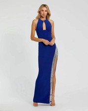 Mac Duggal Size 2 Blue Jersey Halter Neck Beaded Slit Formal Gown Dress Prom NWT