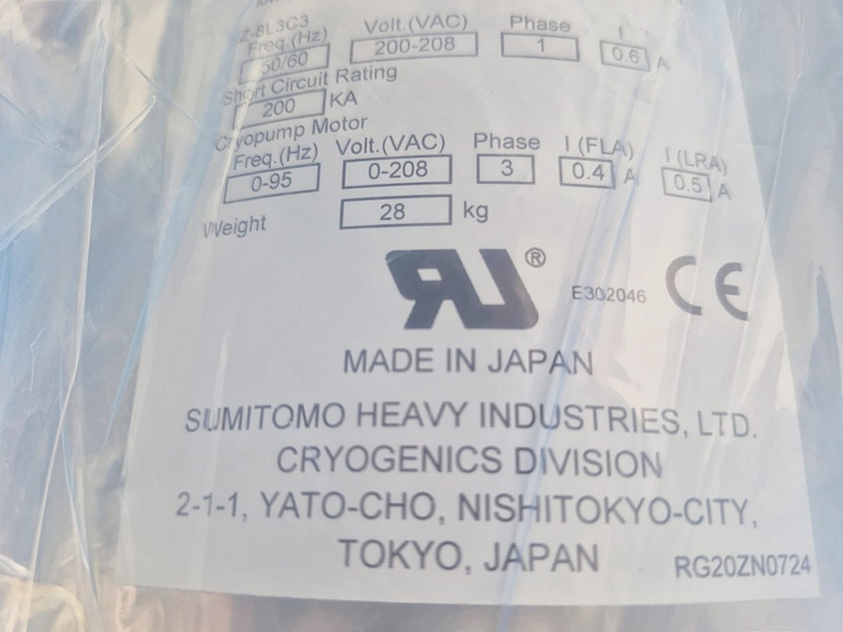 SUMITOMO SICERA KZ-8L3C3 CRYOPUMP SKZ-8L3 CRYOPUMP SYSTEM *UNUSED