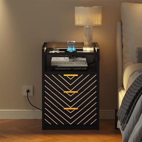 LED Nightstand Wireless Charging Station USB Ports 3 Drawers Touch Light Durable - Picture 3 of 4