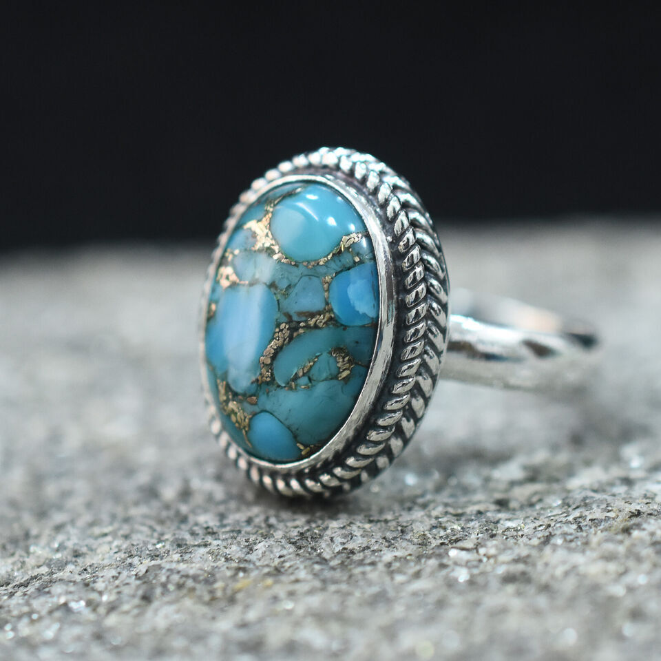 Blue Copper Turquoise 925 Sterling Silver Ring Valentine Day