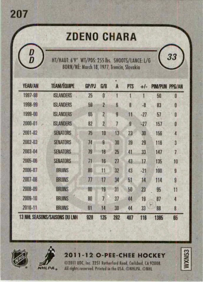 2011-12 O-Pee-Chee Zdeno Chara #207 - Image 2 of 2