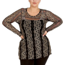 Nouvelle Plus Size Jacquard Lace Top Gold Foil Floral Women Ladies Frill Blouse