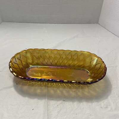 Vtg Indiana Glass Amber Carnival Basket Weave Celery Cracker Bread Dish 10'' BC