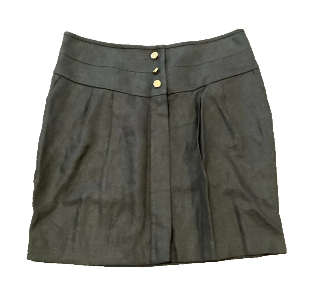 Tory Burch Black Linen Skirt Front Zipper With Gold Buttons 6 NWT