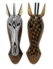 20" JUNGLE ZEBRA GIRAFFE HANDMADE TRIBAL WALL MASK WOOD AFRICAN SAFARI