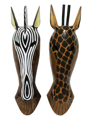 20'' JUNGLE ZEBRA GIRAFFE HANDMADE TRIBAL WALL MASK WOOD AFRICAN SAFARI