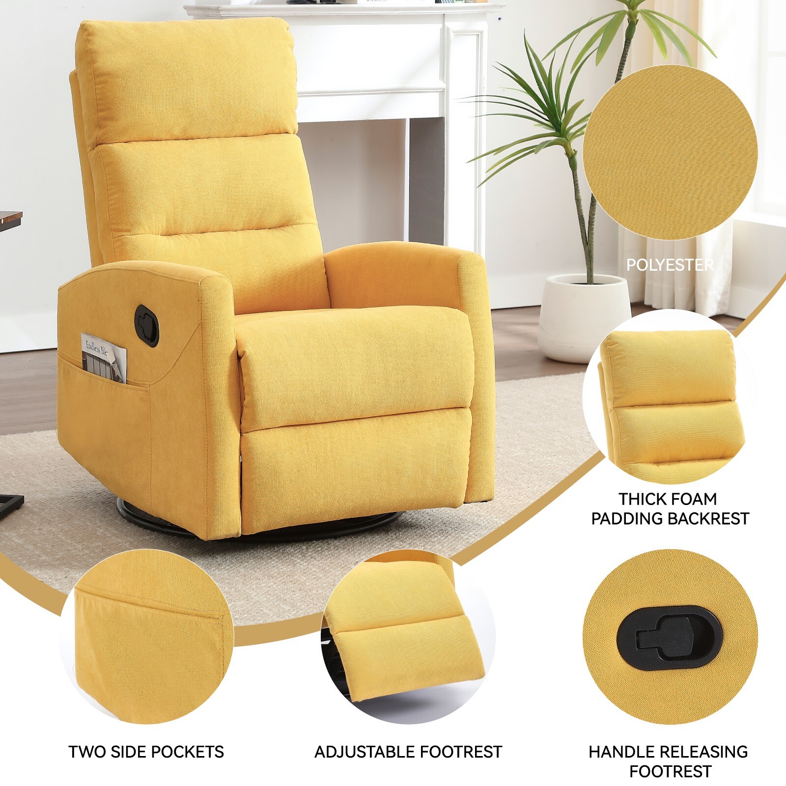 Swivel Rocker Recliner Chair Nursery Glider Single Sofa Small Spaces Side Pocket