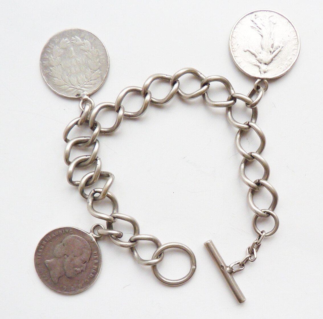 Bracelet Chaîne En Argent Massif Avec Pièces De Monnaie - Modèle Couronne, Occasion