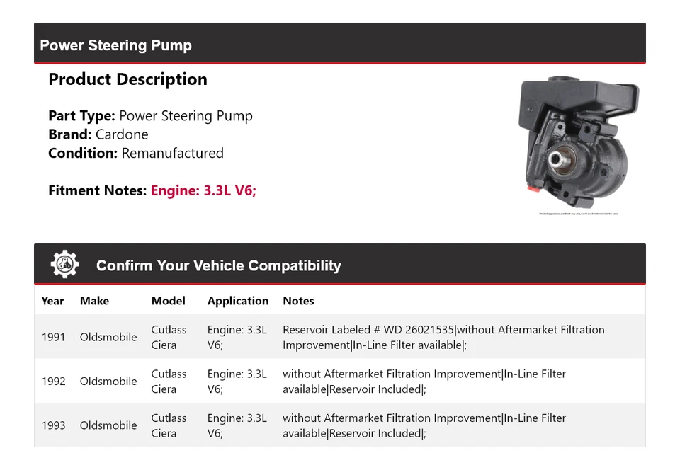For 1991-1993 Oldsmobile Cutlass Ciera 3.3L V6 Power Steering Pump Cardone 1992 - Image 2 of 4