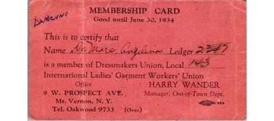 1934 ILGWU Union Card Angelina Di Mare Local 143 NY Westchester Garment Dress
