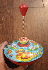 Vtg LBZ Tin Spinning Top Toy Ducks Ducklings Fish Lillies Flowers On Pond 5x5"