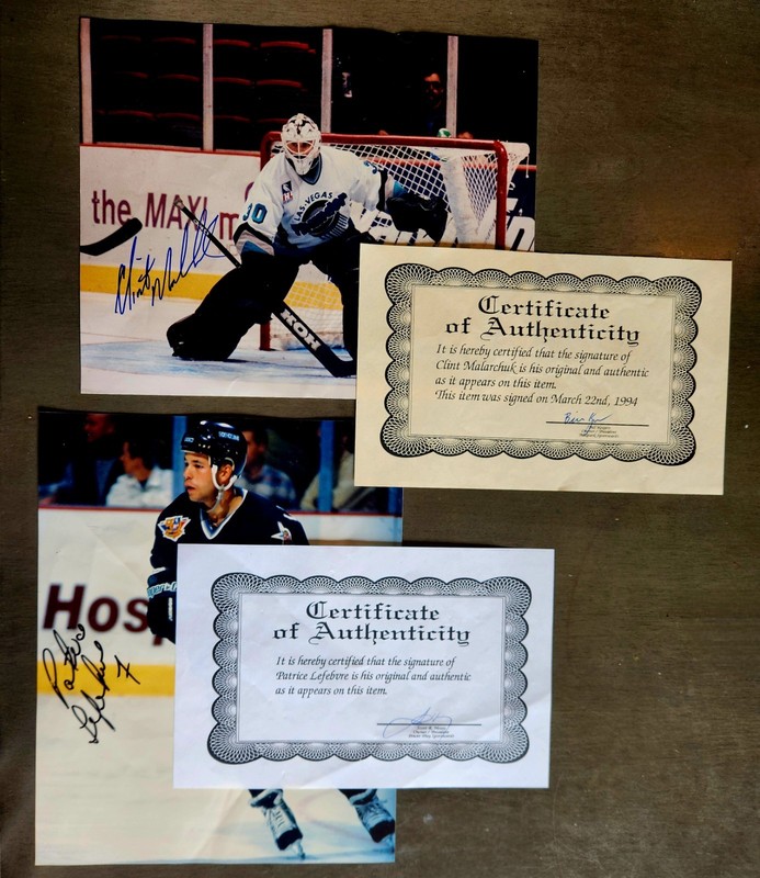 Set Of 2 Signed Hockey Photos Las Vegas Lefebvre & Malarchuk 8x10 IHL