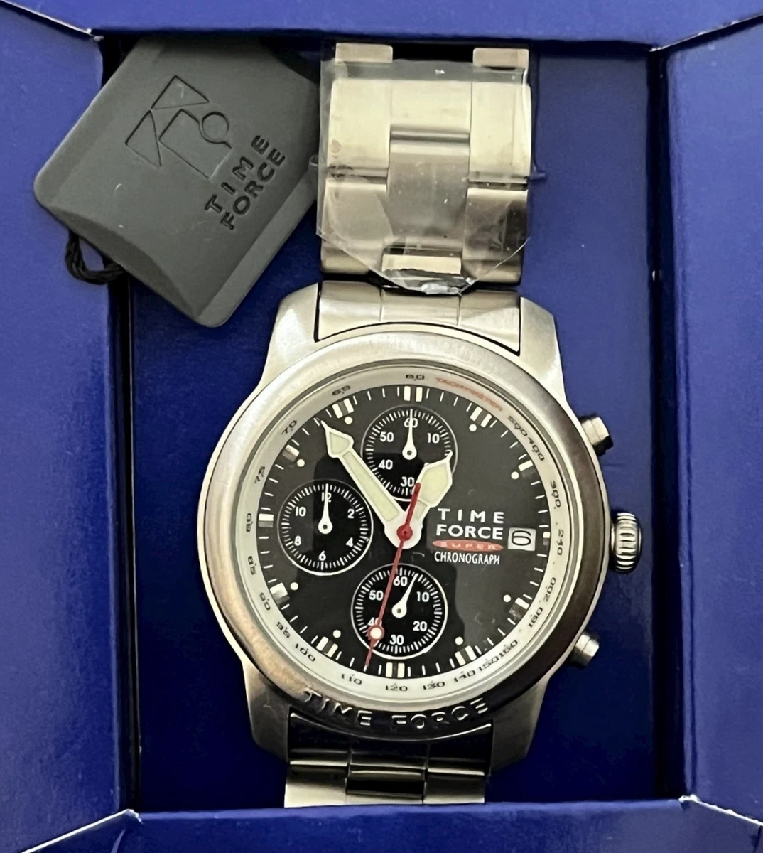Vtg Time Force Chronograph Men's Stainless Steel Italian Design Watch NOS