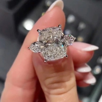 4.25CTW Cushion Cut Moissanite Three Stone Engagement Ring 14K White Gold Plated