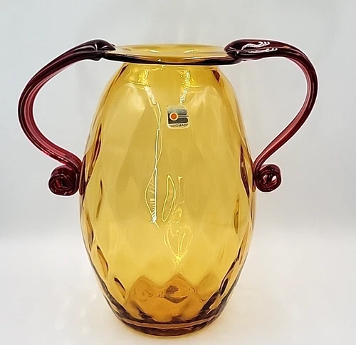 Vintage Blenko Glass 9421 Topaz and Ruby Optic Vase SIGNED by Richard Blenko 95