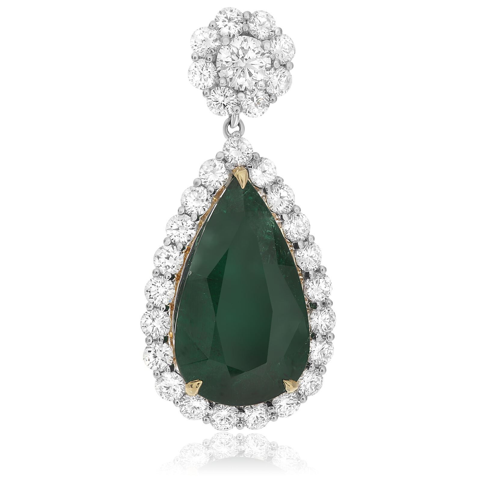 LARGE 21.6CT DIAMOND & AAA EMERALD 18KT TWO TONE GOLD TEAR DROP HANGING EARRINGS image 2