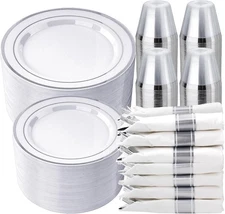 350PCS White and Silver Plastic Dinnerware Set for 50Guests,100Disposable Plates