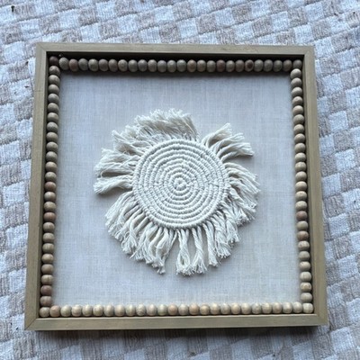 Hobby Lobby Framed Macrame Wall Hanging White Fringe Woven Circle Wood Beads