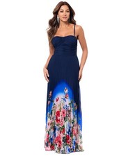 $289 XScape Pleated Sweetheart Evening Gown Dress Navy Blue Floral Womens Size 6